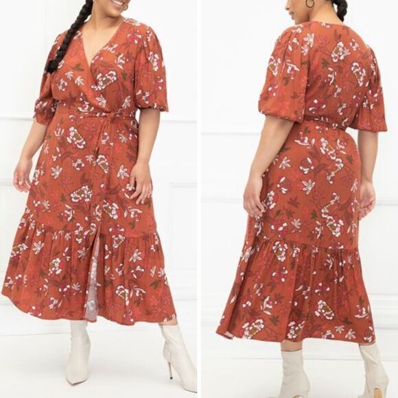 NEW Eloquii Elements Floral Print Midi Wrap Dress‎ with Puff Sleeves, 16 - Picture 1 of 16
